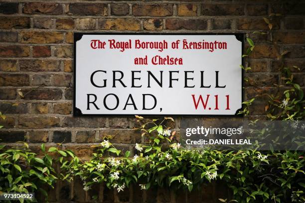 Street sign is pictured close to Grenfell tower near Ladbroke Grove, west London on June 13, 2018. - Commemorations begin on June 13 to honour the 71...