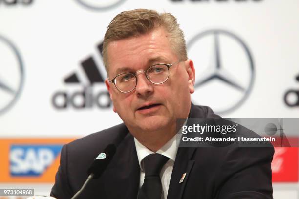Reinhard Grindel, President of the Germany Football National Federation talks to the media during the Germany press conference ahead of the 2018 FIFA...