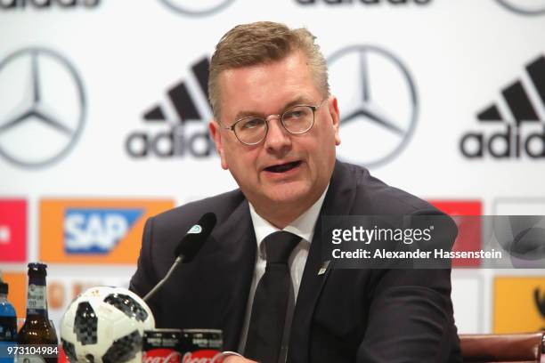 Reinhard Grindel, President of the Germany Football National Federation talks to the media during the Germany press conference ahead of the 2018 FIFA...