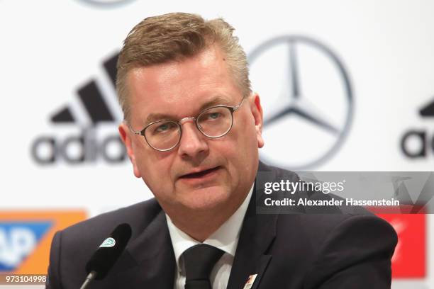 Reinhard Grindel, President of the Germany Football National Federation talks to the media during the Germany press conference ahead of the 2018 FIFA...