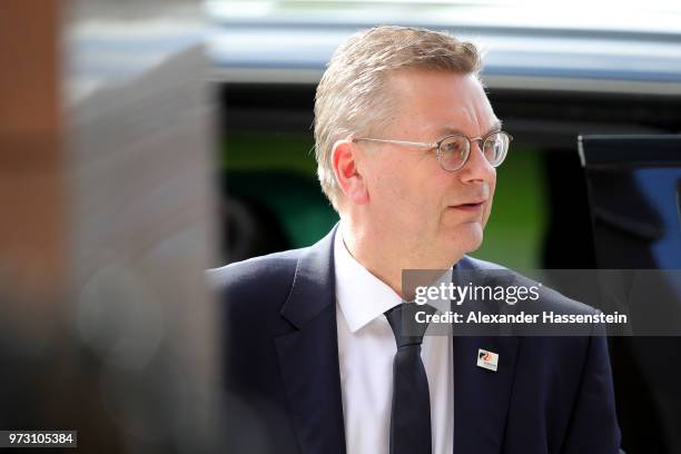 Reinhard Grindel, President of the Germany Football National Federation arrives for a Germany press conference ahead of the 2018 FIFA World Cup at...