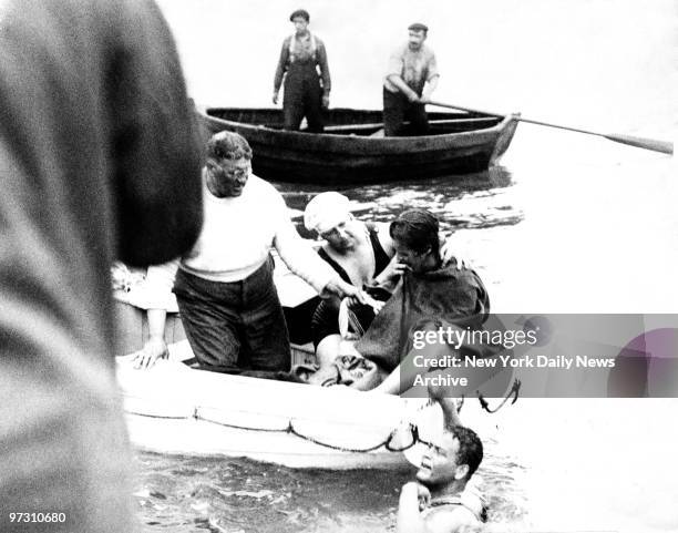 Gertrude Ederle the American girl swimmer gave up her attempt to swim the Englis Channel eight miles fromt he English Coast. Photo shows Miss Ederle...