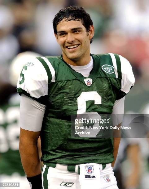 New York Jets' quarterback Mark Sanchez during warmups before a preseason game against the St. Louis at Giants Stadium.