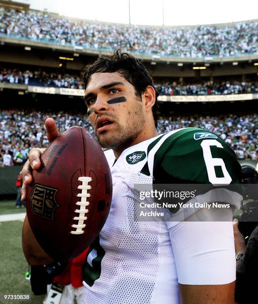 New York Jets' quarterback Mark Sanchez after game against New England Patriots. Jets won, 16-9.