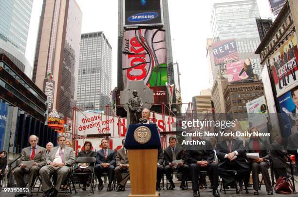 Mayor Michael Bloomberg is joined by city officials and theater groups in Times Square during a groundbreaking ceremony marking the beginning of...