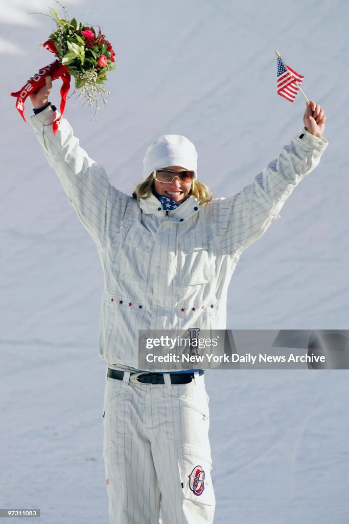 Gretchen Bleiler of the U.S. celebrates winning the silver m