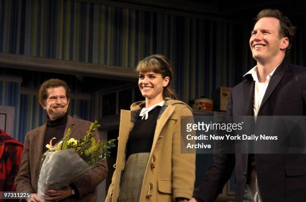 Tony Roberts, Amanda Peet and Patrick Wilson take their final bows during a curtain call after the opening-night performance of the revival of the...