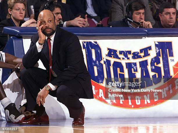 St. John's coach Mike Jarvis looks on gloomily as his team heads for defeat in the second half of Big East tournament game against Seton Hall at...