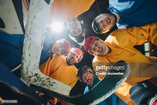 lage hoekmening van ijshockeyteam taai gezichtsuitdrukkingen maken. - men's ice hockey stockfoto's en -beelden