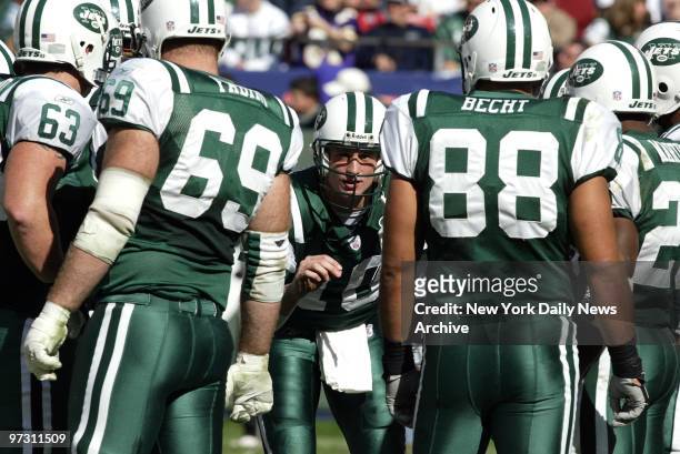 New York Jets' quarterback Chad Pennington has his say in huddle during action against the Minnesota Vikings at Giants Stadium. The Jets went on to...