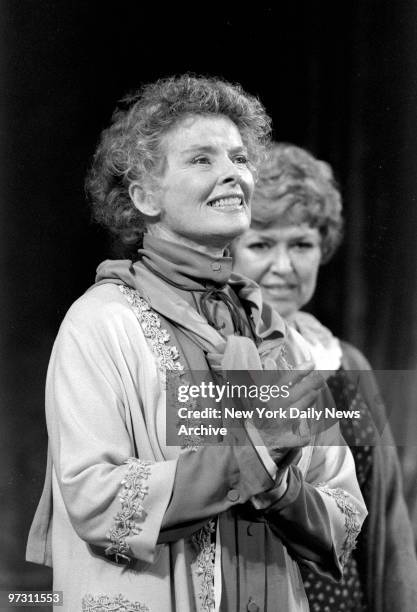 Katharine Hepburn takes curtain bows after her opening night performance in "The West Side Waltz" with Dorothy Loudon at the Ethel Barrymore Theater.