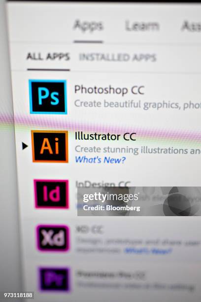 Adobe Systems Inc. Creative Cloud application icons are displayed on a computer monitor in an arranged photograph taken in Tiskilwa, Illinois, U.S.,...