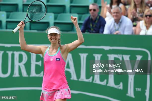 Mona Barthel of Germany celebrates after beating Magdalena Rybarikova of Slovakia during Day 5 of the Nature Valley open at Nottingham Tennis Centre...