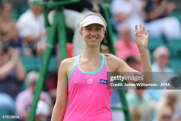 Mona Barthel of Germany celebrates after beating Magdalena Rybarikova of Slovakia during Day 5 of the Nature Valley open at Nottingham Tennis Centre...