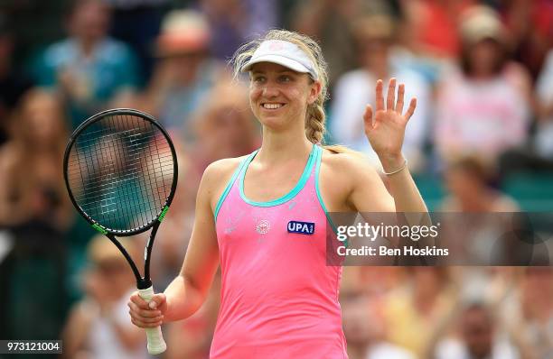 Mona Barthel of Germany celebrates winning her second round match against Magdalena Rybarikova of Slovakia on Day Five of the Nature Valley Open at...