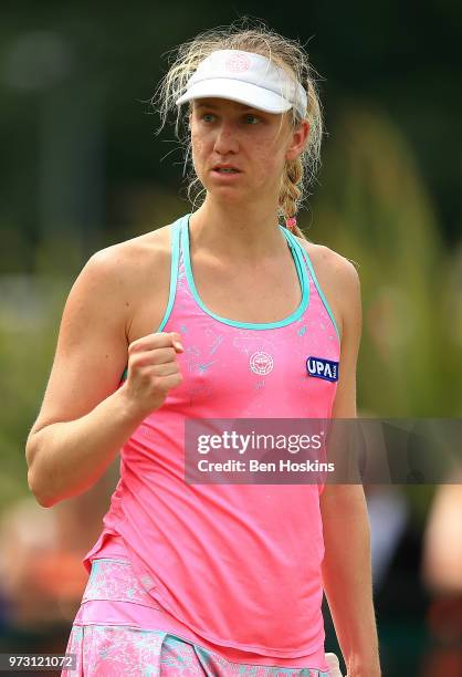 Mona Barthel of Germany celebrates winning a point during her second round match against Magdalena Rybarikova of Slovakia on Day Five of the Nature...