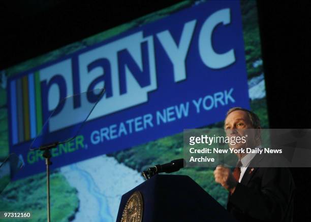 Mayor Michael Bloomberg speaks at the Museum of Natural History to unveil PlaNYC: A Greener, Greater New York, a series of environmental initiatives...