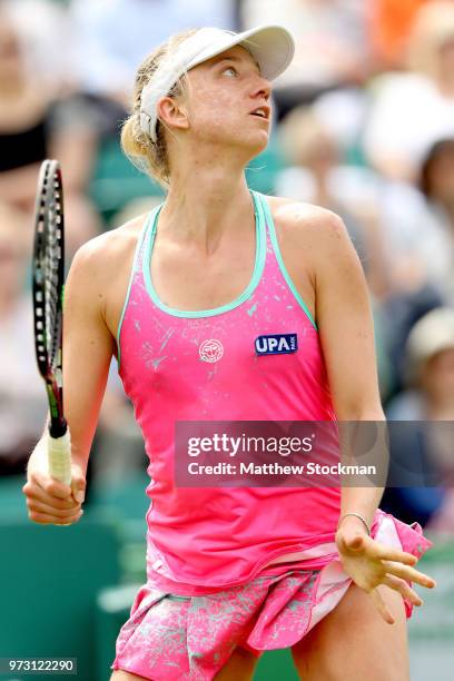 Mona Barthel of Germany fades back for a shot while playing Magdelena Rybarikova of Slovakia during Day five of the Nature Valley Open at Nottingham...