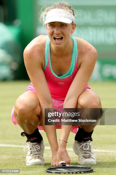 Mona Barthel of Germany reacts to a lost point while playing Magdelena Rybarikova of Slovakia during Day five of the Nature Valley Open at Nottingham...