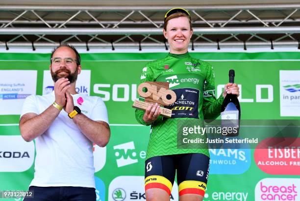 Podium / Jolien DHoore of Belgium and Team Mitchelton-Scott Green Leader Jersey / Trophy / Champagne / Celebration / during the 5th OVO Energy...