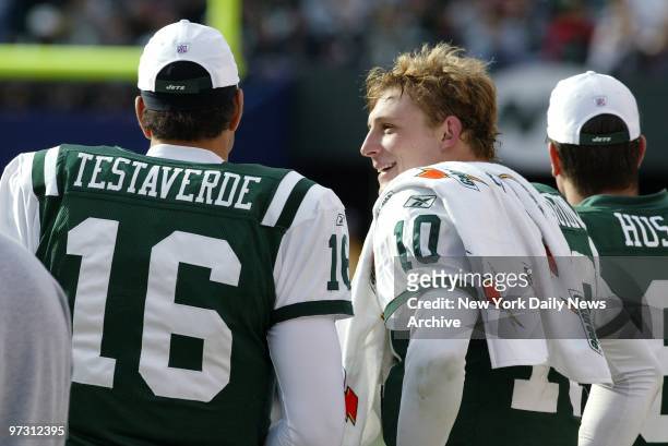 New York Jets' quarterbacks Vinny Testaverde and Chad Pennington chat on the sidelines near the end of the game against the Minnesota Vikings at...