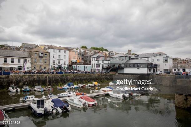 The Chain Locker public house is pictured besides the harbour in Falmouth on June 13, 2018 in Cornwall, England. The Chain Locker pub is where Sir...