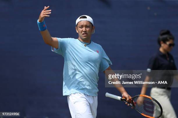 Tatsuma Ito of Japan during Day Five of the Nature Valley open at Nottingham Tennis Centre on June 13, 2018 in Nottingham, England.