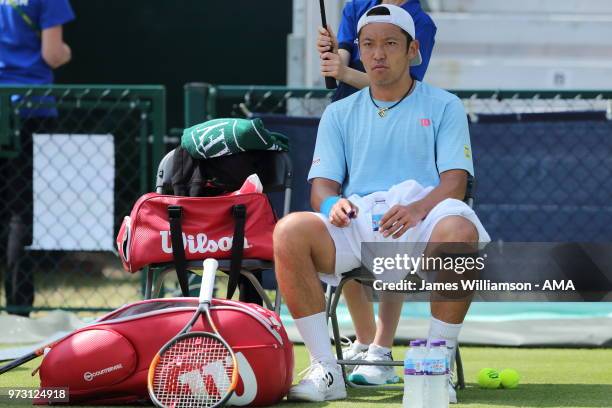 Tatsuma Ito of Japan during Day Five of the Nature Valley open at Nottingham Tennis Centre on June 13, 2018 in Nottingham, England.