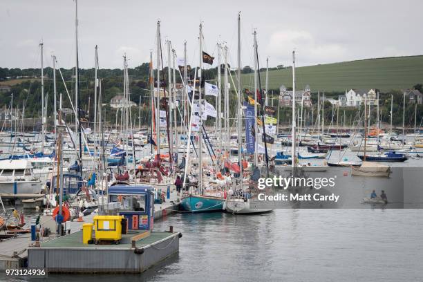Competition boats are seen in the harbour in Falmouth on June 13, 2018 in Cornwall, England. This week, Falmouth is celebrating the 50th anniversary...