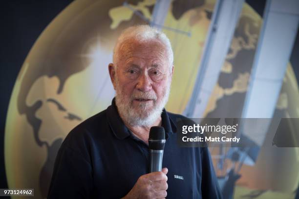 Sir Robin Knox-Johnston speaks at a press conference in the Chain Locker public house besides the harbour in Falmouth on June 13, 2018 in Cornwall,...