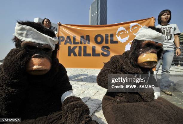 Activists of the Centre for Orangutan Protection dressed like an injured orangutans sit on the ground as others display a banner during a...