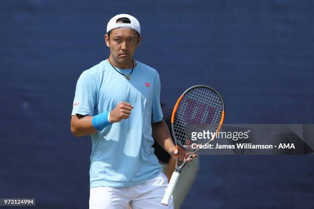 Tatsuma Ito of Japan during Day Five of the Nature Valley open at Nottingham Tennis Centre on June 13, 2018 in Nottingham, England.