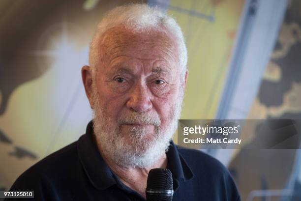 Sir Robin Knox-Johnston speaks at a press conference in the Chain Locker public house besides the harbour in Falmouth on June 13, 2018 in Cornwall,...