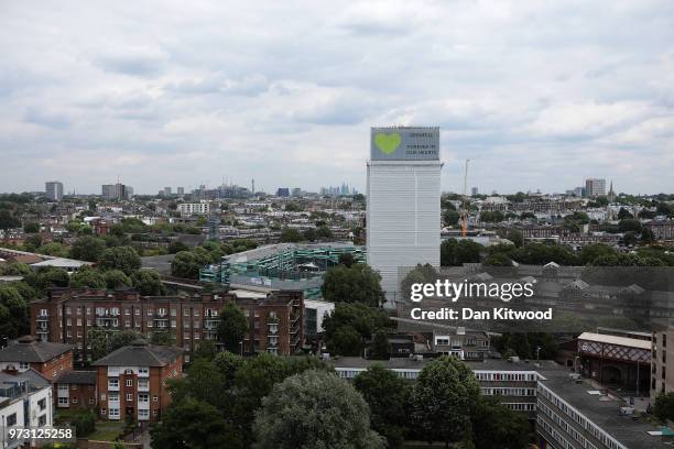 Sign with 'Grenfell Forever In Our Hearts' is displayed on the top of Grenfell Tower on June 13, 2018 in London, England. Tomorrow marks the one year...