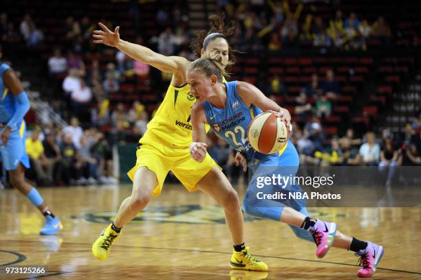 Courtney Vandersloot of the Chicago Sky drives to the basket against the Seattle Storm on June 12, 2018 at KeyArena in Seattle, Washington. NOTE TO...