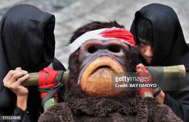 Activists of the Centre for Orangutan Protection dressed as injured orangutans take part in a demonstration against the Roundtable on Sustainable...
