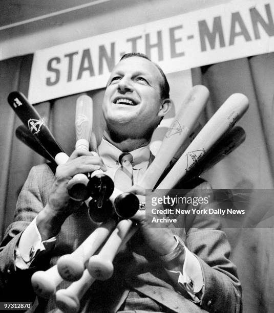 St. Louis Cardinals' slugger Stan Musial at a sporting goods fair at the Hotel New Yorker.