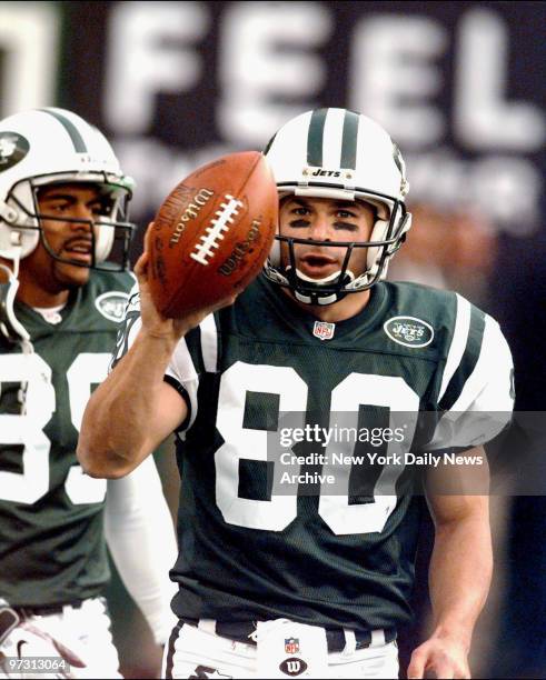 New York Jets Wayne Chrebet shows he's on the ball after third quarter touchdown against the Carolina Panthers at Giants Stadium. Jets won, 48-21.