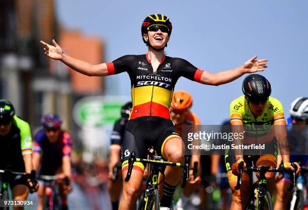 Arrival / Jolien DHoore of Belgium and Team Mitchelton-Scott / Celebration / Marta Bastianelli of Italy and Team Ale Cipollini / during the 5th OVO...