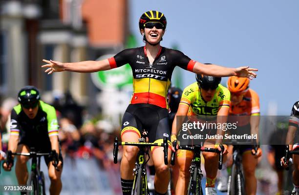 Arrival / Jolien DHoore of Belgium and Team Mitchelton-Scott / Celebration / Marta Bastianelli of Italy and Team Ale Cipollini / Coryn Rivera of The...