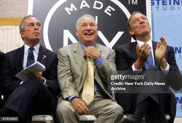 Mayor Michael Bloomberg, Mel Brooks and Gov. George Pataki are on stage during a news conference at Steiner Studios, a new Hollywood-style production...