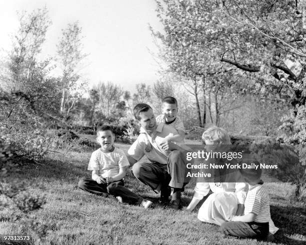 Johnny Carson and his family at his home, Birch Hill Estate, Winfield Ave, Harrison, N.Y. Johnny and his wife, Jody, with their sons, Kit Ricky and...