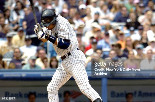 New York Yankees' shortstop Derek Jeter is struck by a Matt Clement pitch in the third inning of Game 2 of a three-game series against the Boston Red...