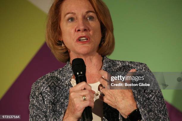 Seattle Mayor Jenny Durkan speaks during a Smarter Cities, Smarter Skills panel discussion at the Wayfair headquarters in Boston on June 8, 2018. The...