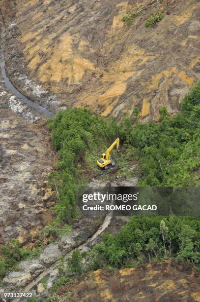 This aerial picture taken on July 6 over eight concession areas of Indonesia's biggest palm oil firm Sinar Mas, shows shows an excavator clearing...