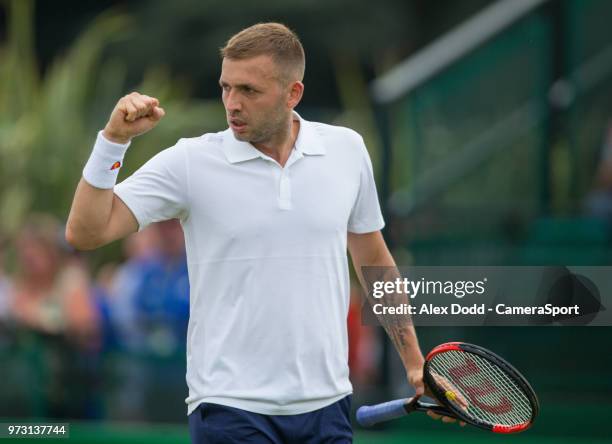 Daniel Evans in action during day 3 of the Nature Valley Open Tennis Tournament at Nottingham Tennis Centre on June 13, 2018 in Nottingham, England.