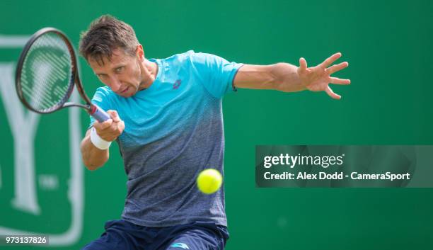 Sergiy Stakhovsky in action during day 3 of the Nature Valley Open Tennis Tournament at Nottingham Tennis Centre on June 13, 2018 in Nottingham,...