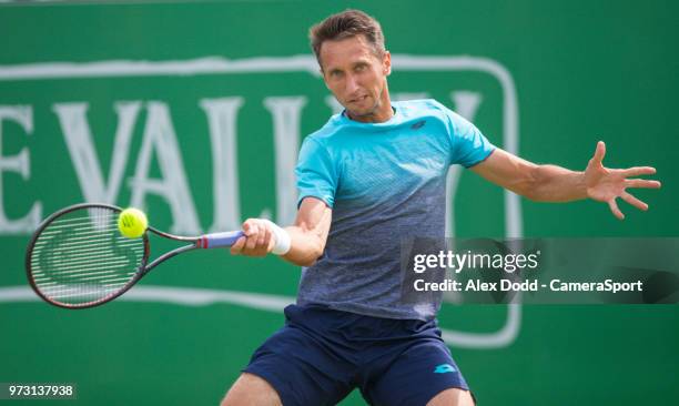 Sergiy Stakhovsky in action during day 3 of the Nature Valley Open Tennis Tournament at Nottingham Tennis Centre on June 13, 2018 in Nottingham,...