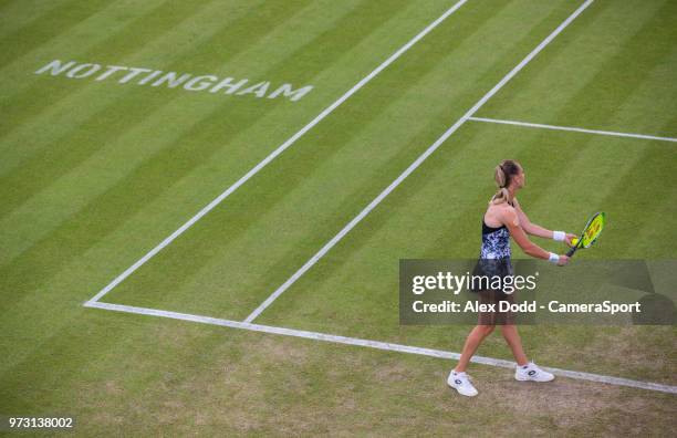 Magdalena Rybarikova serves to Mona Barthel during day 3 of the Nature Valley Open Tennis Tournament at Nottingham Tennis Centre on June 13, 2018 in...