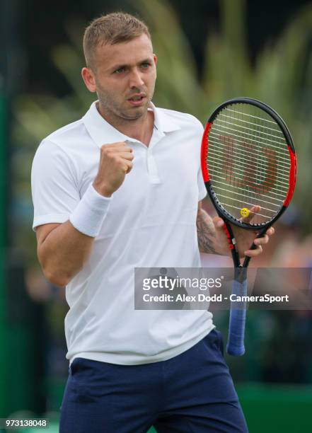 Daniel Evans in action during day 3 of the Nature Valley Open Tennis Tournament at Nottingham Tennis Centre on June 13, 2018 in Nottingham, England.